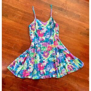 Vintage 80s 90’s ShokColorful Abstract Strappy Pink Blue Floral Dress Small